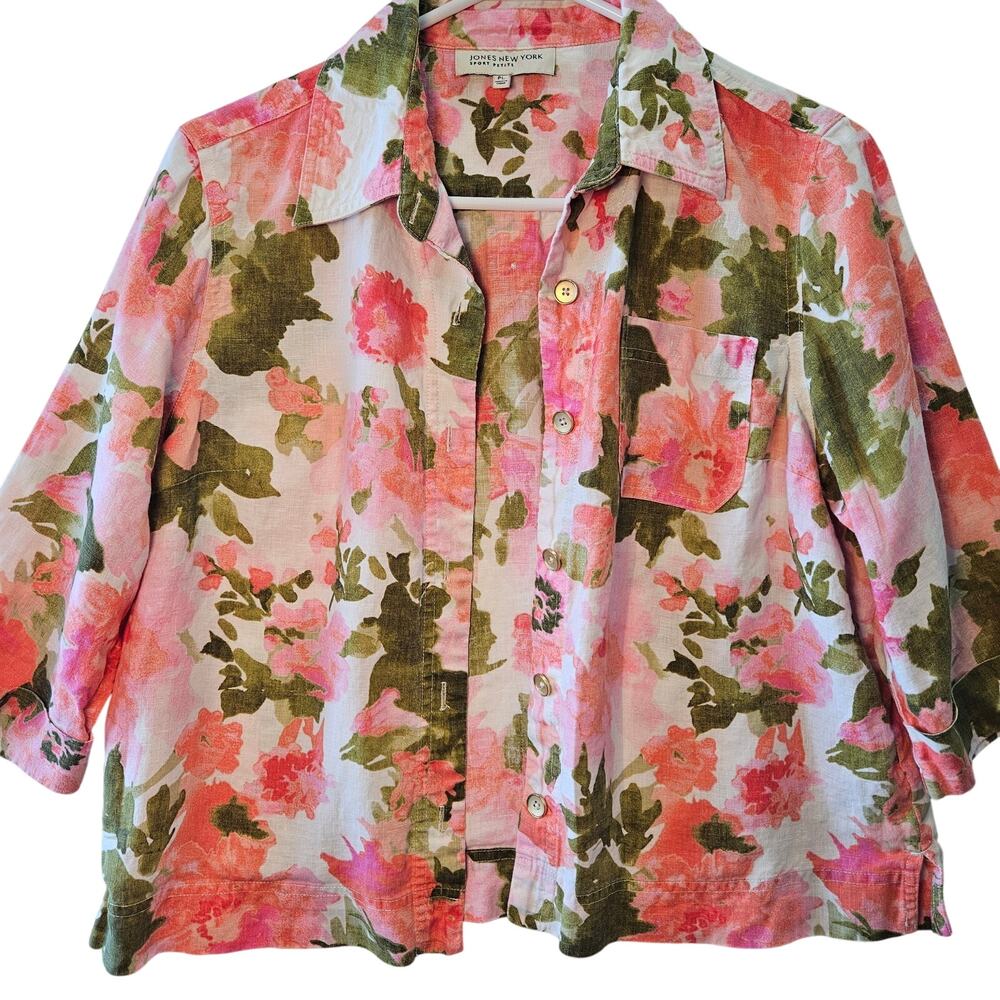 Jones of New York White Pink Floral Blazer Jacket Linen Size PL Cottage Feminine